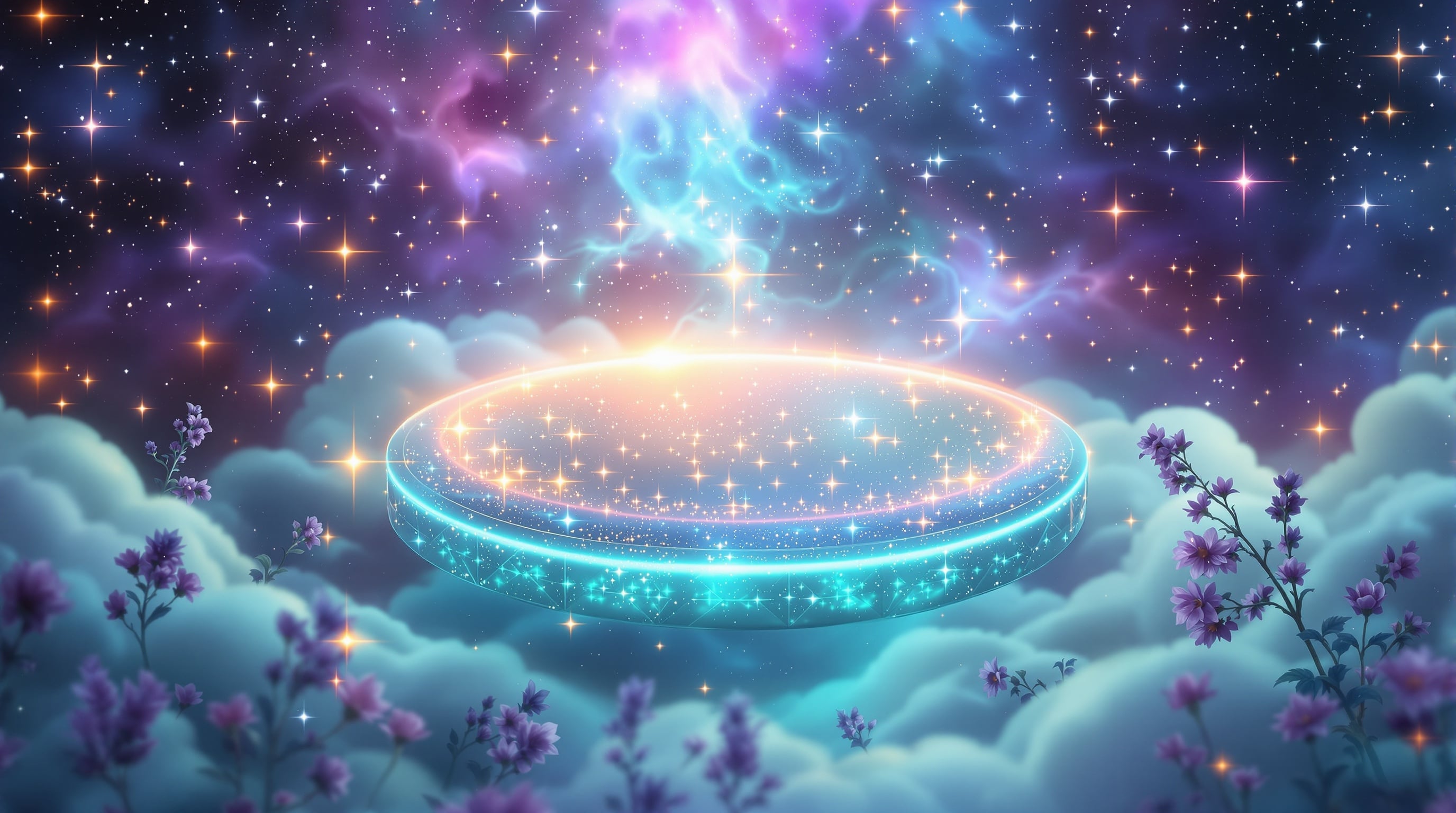 Luminous mirror surrounded by celestial purple and teal glow